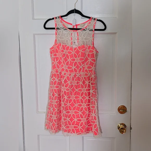Anthro Coincidence & Chance Neon Coral Lace Fit & Flare Dress Size 6 - Picture 2 of 5